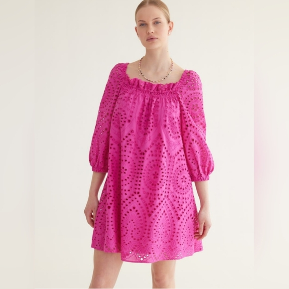 Reitmans Cotton Sz 1X Eyelet Dress Square Neck Fushia  Puff Sleeve Sundress - Picture 8 of 9